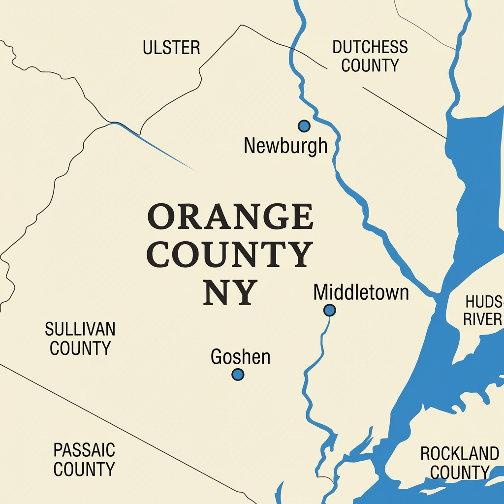 Regional map showing Orange County New York Map of Orange County NY, showing surrounding counties: Ulster, Dutchess, Sullivan, Passaic, and Rockland.